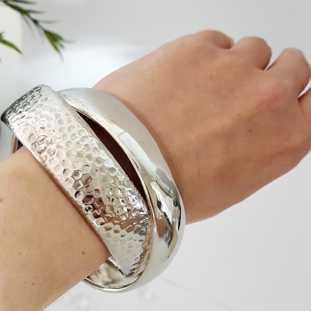 🔖Silver Tone Chunky Twisted Criss Crossing Hammered Plain Cuff Bangles Bracelet